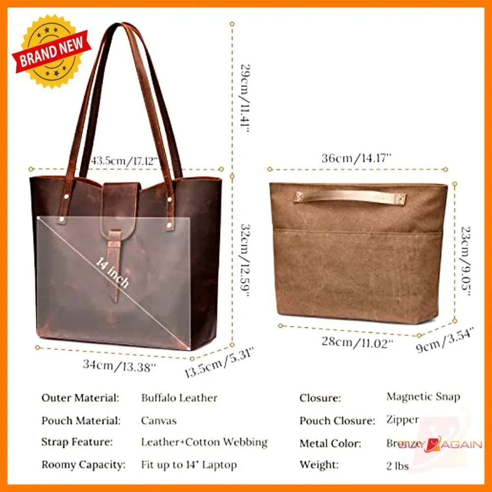 Large Genuine Leather Tote Bag with Removable Organizer for Work